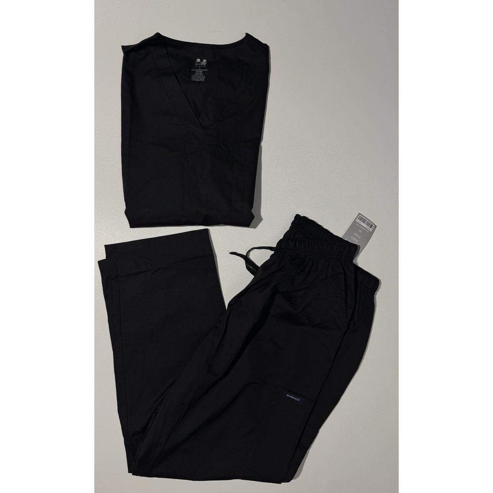 Dagacci Scrub Set Women Size XL Top & Bottom Multiple Pockets-Black‎ T-1000